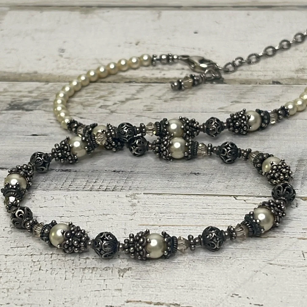 Vintage Sterling Silver Pearl Beaded Necklace